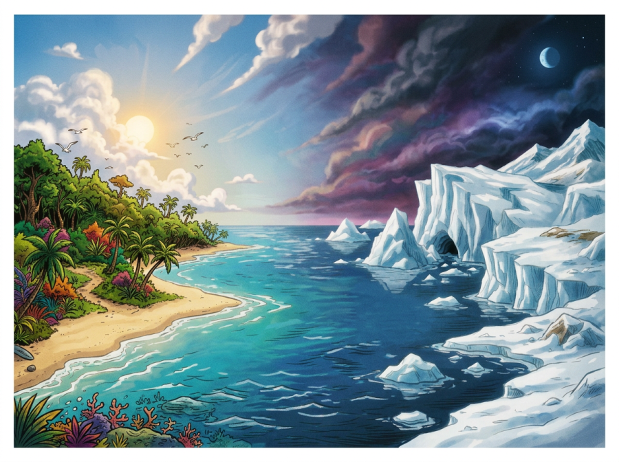 Tropical beach with palm trees next to icy polar region with glaciers.