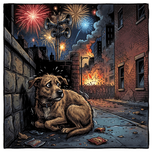 Nervous dog hiding in alley with police car sirens, fireworks, and crowd unrest