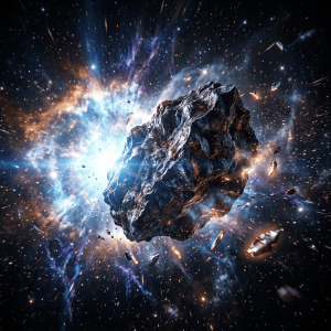 Rugged asteroid surrounded by glowing debris in a colorful nebula