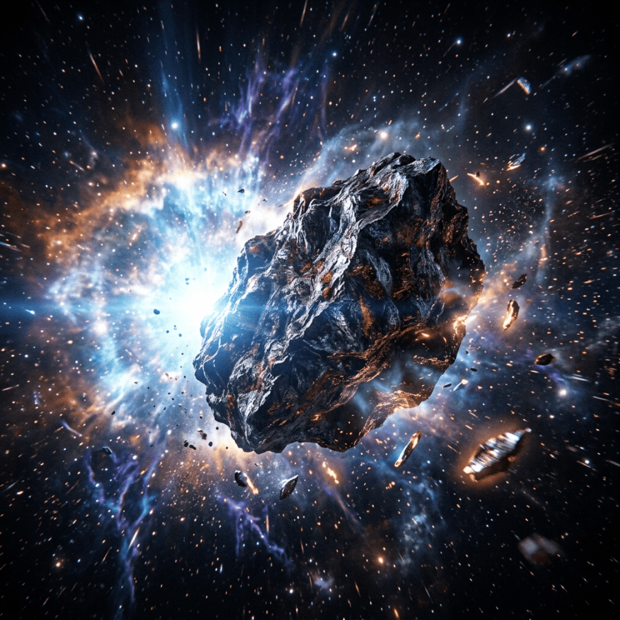 Rugged asteroid surrounded by glowing debris in a colorful nebula