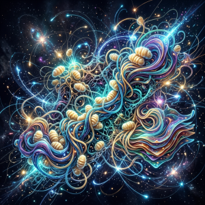 Abstract cosmic composition with colorful swirling ribbons, organic forms, and stars