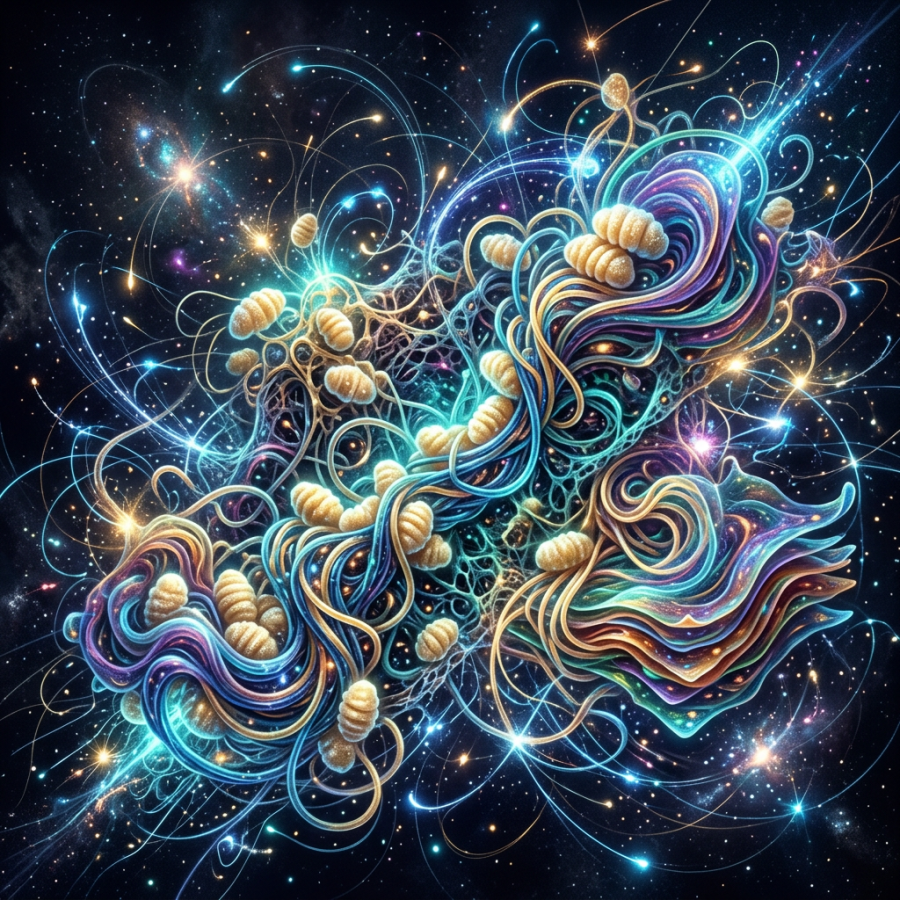 Abstract cosmic composition with colorful swirling ribbons, organic forms, and stars